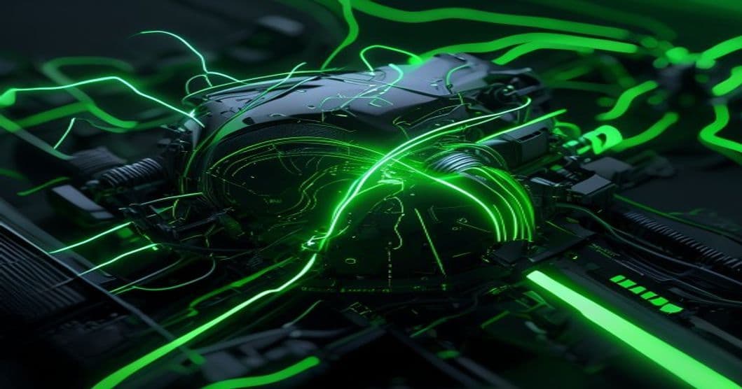 Nucleo neurale AI stilizzato collegato a un motore, verde su nero