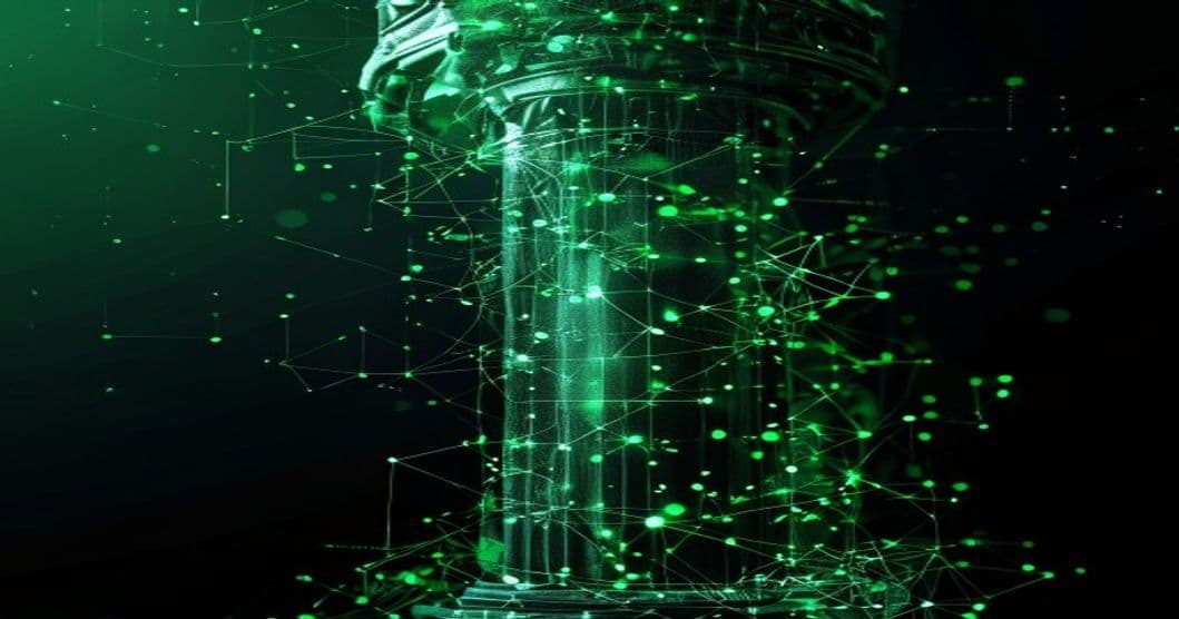 Colonna di tribunale stilizzata che si fonde con una rete di nodi AI, verde su nero
