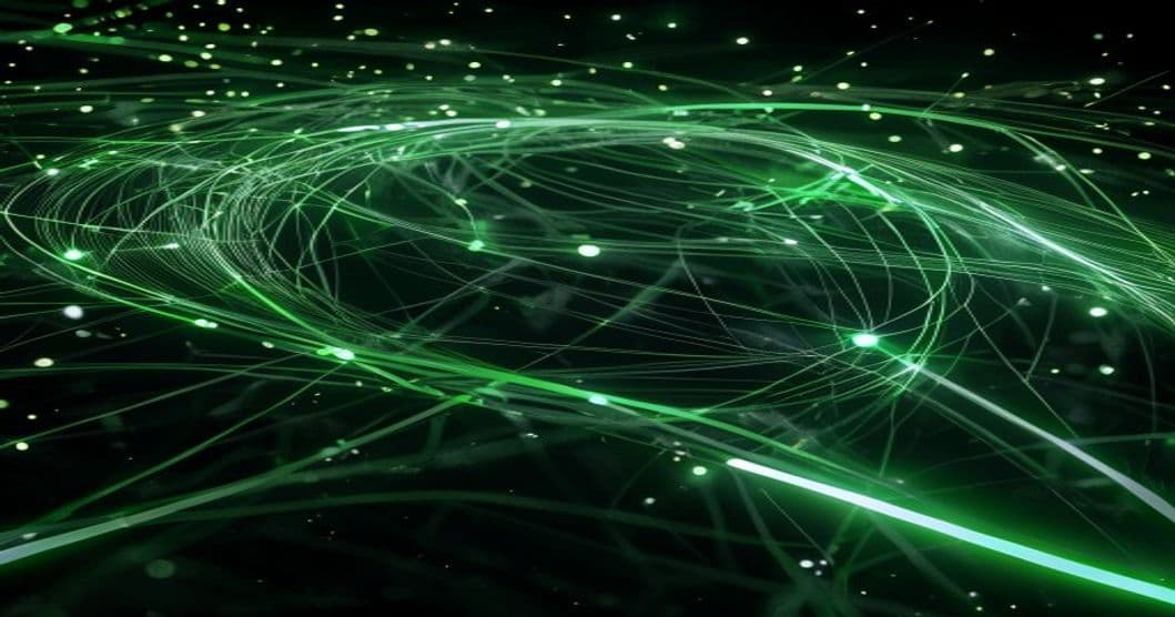 GPU collegate da linee di flusso luminose che formano un anello, verde su nero
