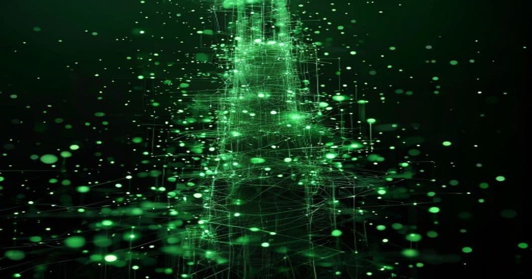 Sciame di nodi luminosi che si assembla attorno a una struttura a torre, verde su nero