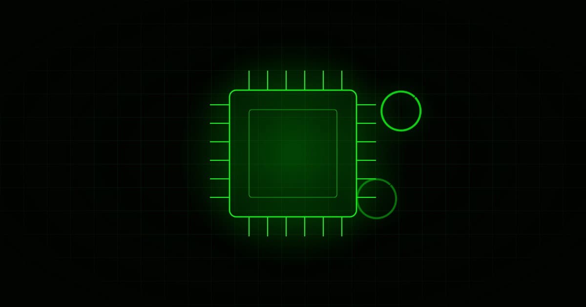 Chip stilizzato su circuito che si stacca da un anello, verde su nero