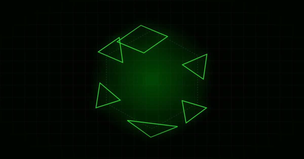 Forma esagonale che si frammenta in pezzi separati, verde su nero
