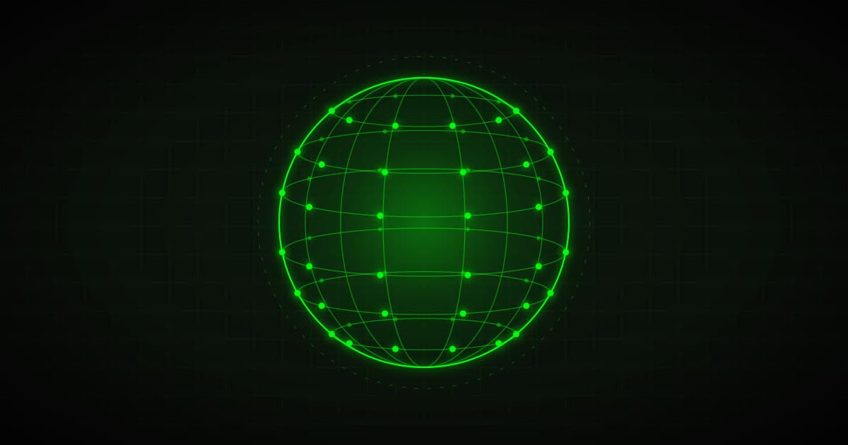 Dense wireframe sphere covered in glowing nodes, green on black