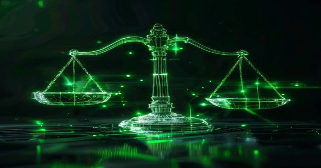 Stylised balance scale weighing an AI network, green on black