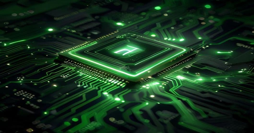 Custom AI microchip on a circuit board, green on black