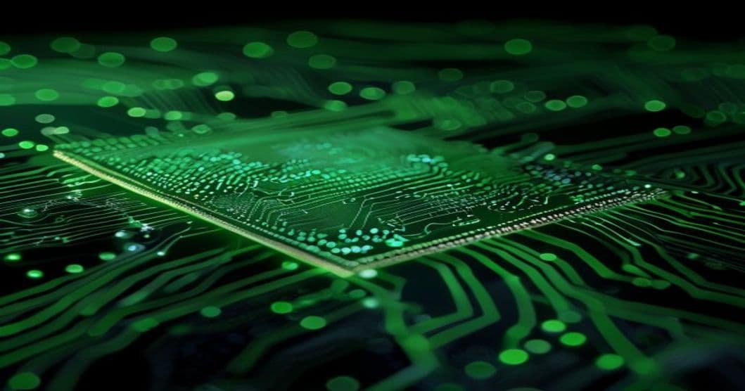 Silicon wafer with dense circuitry, green on black