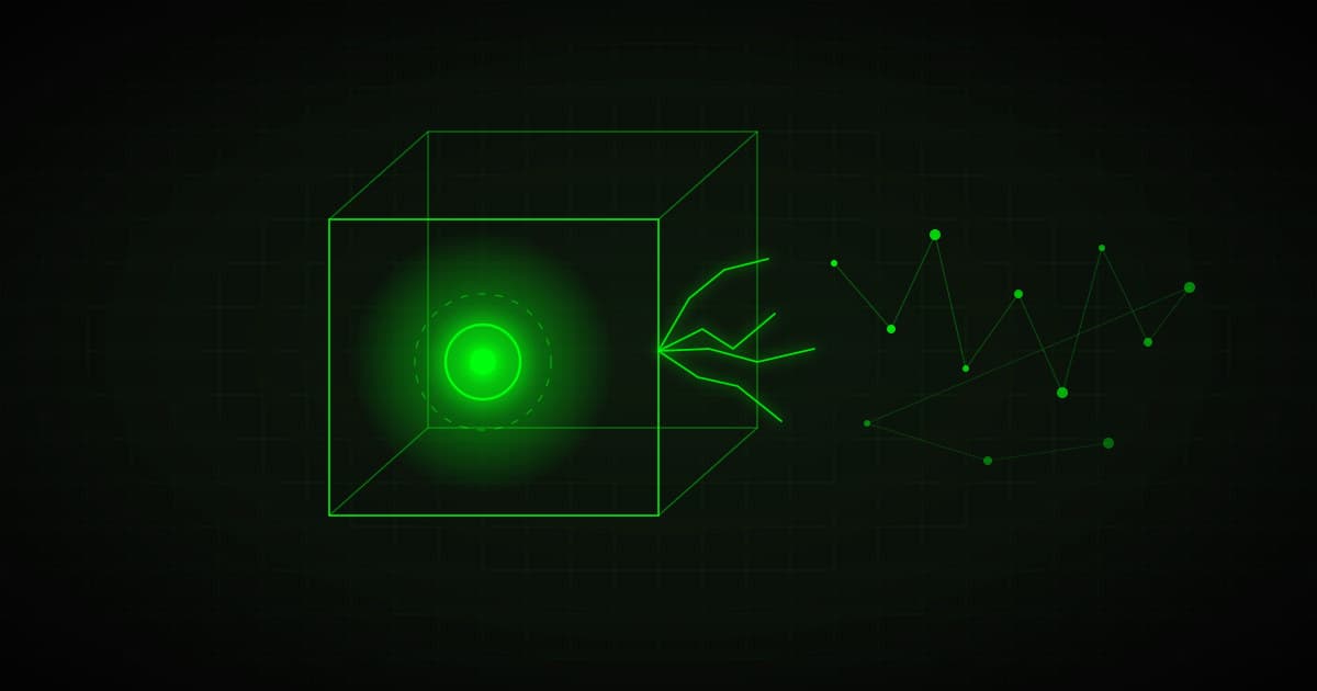 Glowing core breaking through a wireframe structure, green on black