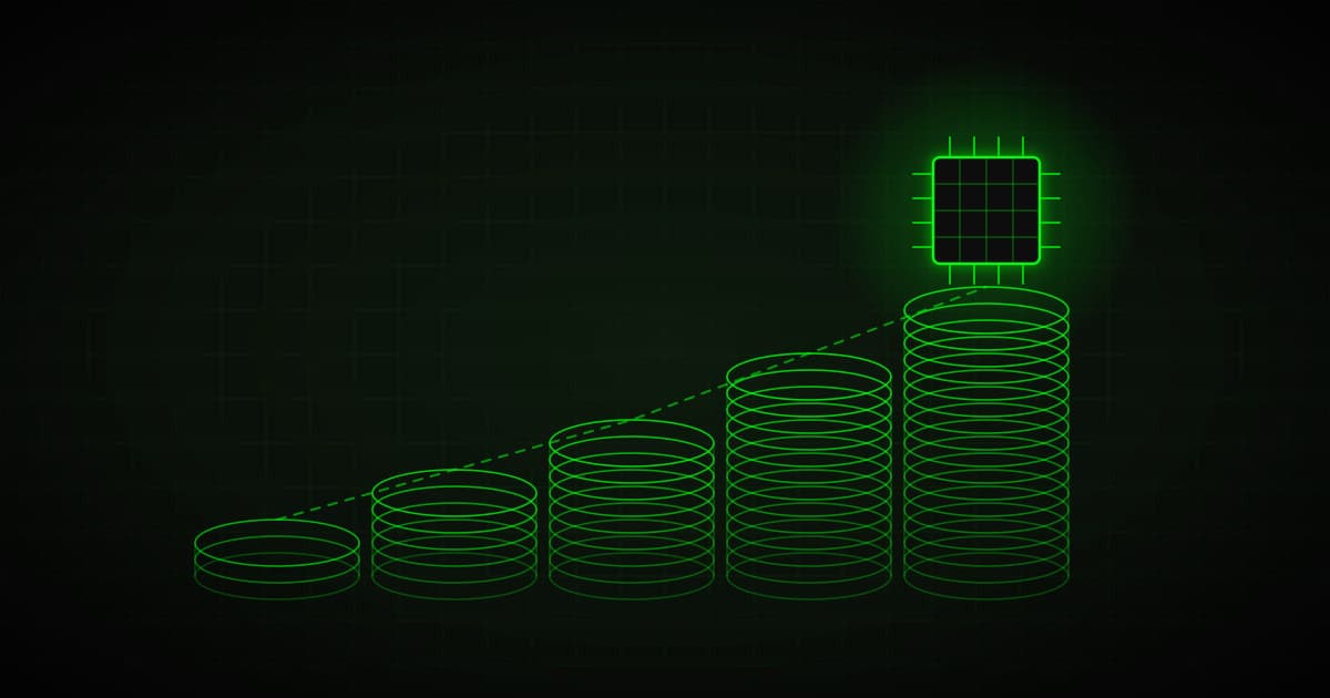 Stacks of silicon wafers rising like a bar chart, glowing chip on top, green on black