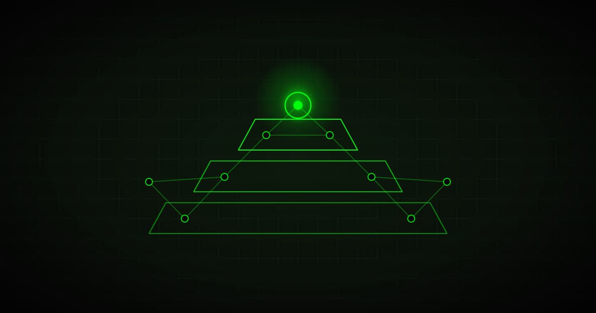 Three-tier stepped structure overlaid with a node network, green on black