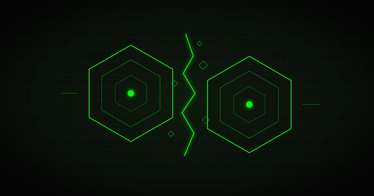 Two concentric hexagonal structures pulling apart along a central fracture, with scattered fragments, green on black