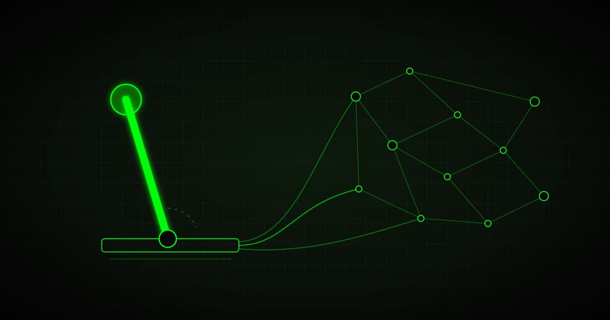Glowing lever on a base, wired to a network of nodes, green on black