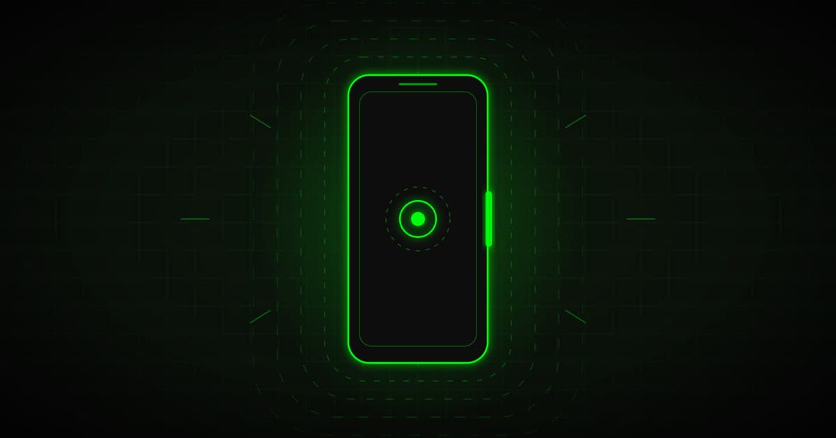 Wireframe mobile device wrapped in concentric rings of aura, with a glowing side button, green on black